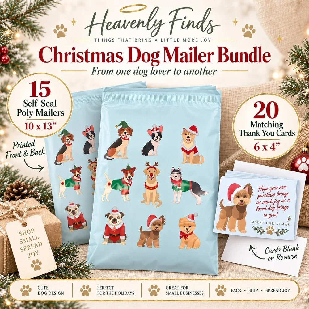 Christmas Dog Poly Mailer Bundle 15ct 10x13 20ct Thank You Cards Holiday New